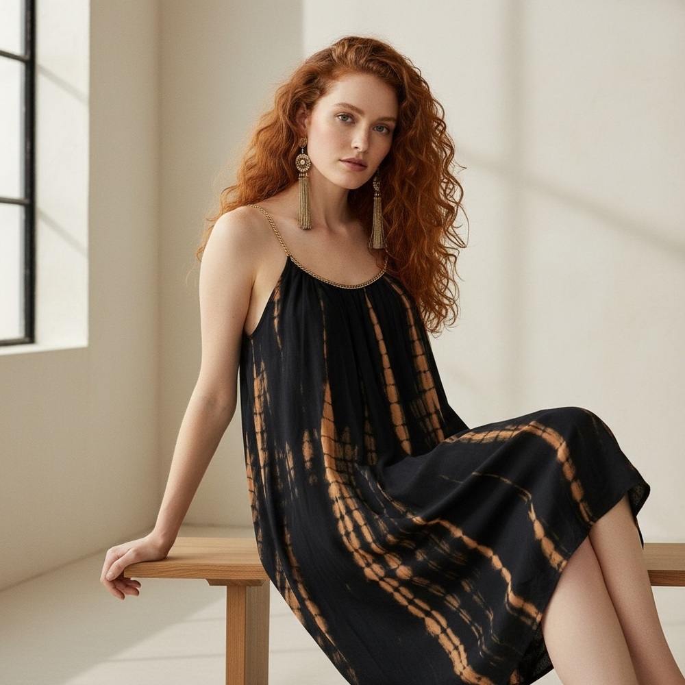 India Gold Braided Strappy Black Brown Tie Dye Flowy Sundress Dress Beachy